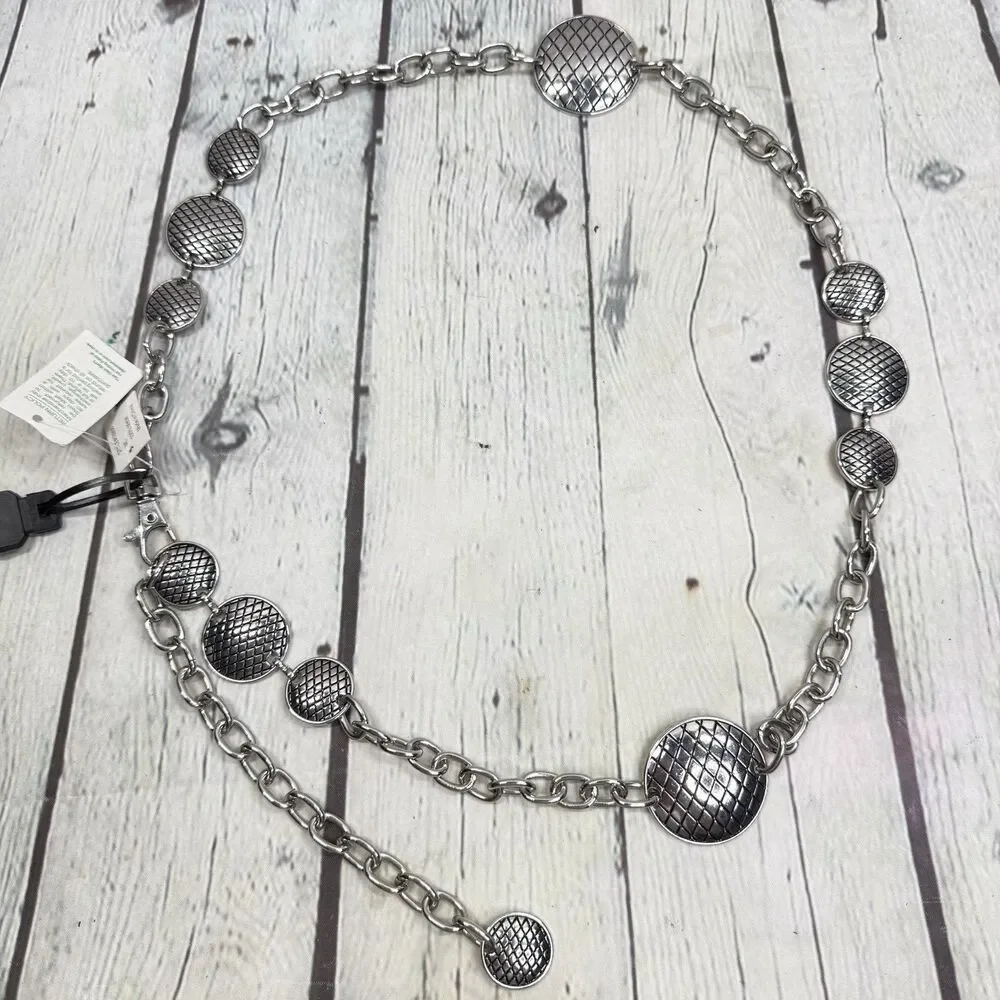 Vintage Silver Tone Medallion Chain Belt Large Adjustable Y2K Disco Waist Hip